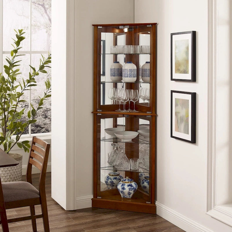Corner Curio Display Cabinet with Lighting, Mirrored Back & Tempered Glass Shelves