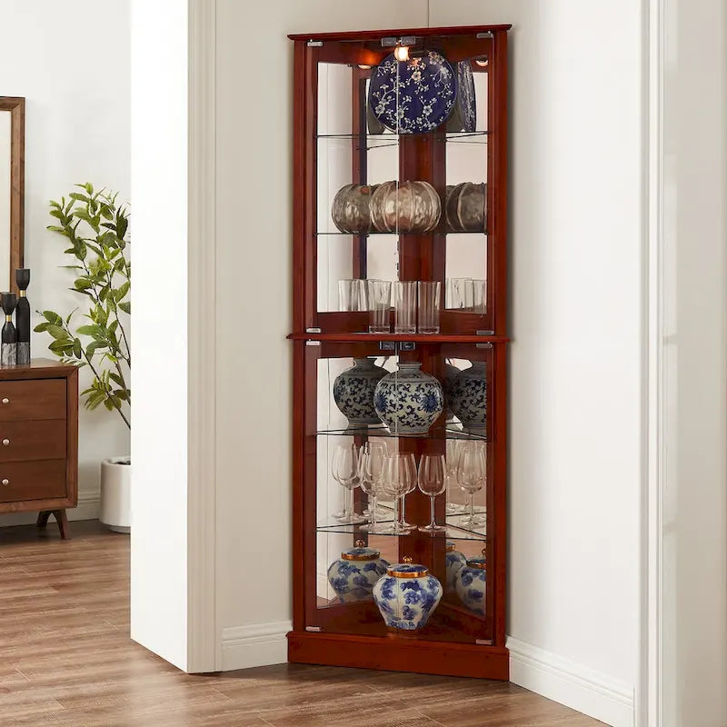Corner Curio Display Cabinet with Lighting, Mirrored Back & Tempered Glass Shelves