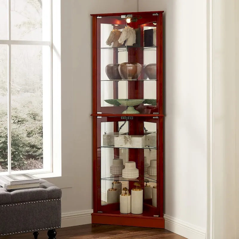 Corner Curio Display Cabinet with Lighting, Mirrored Back & Tempered Glass Shelves