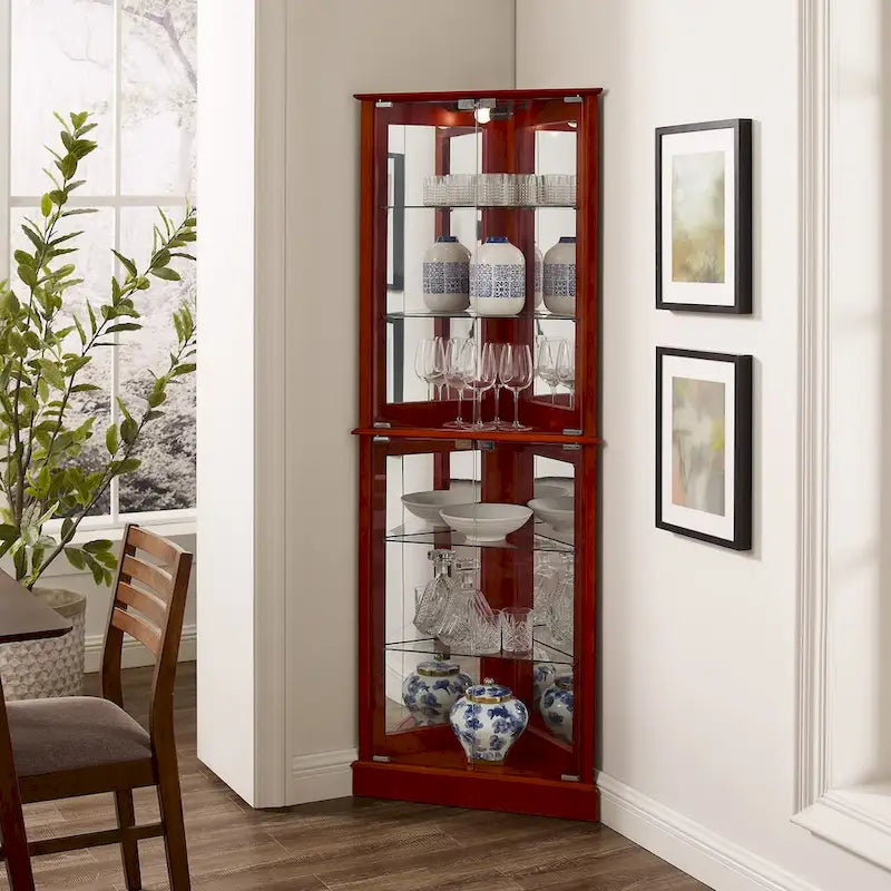 Corner Curio Display Cabinet with Lighting, Mirrored Back & Tempered Glass Shelves