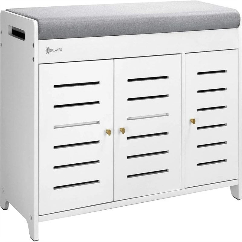 Bamboo Shoe Storage Bench with Cushioned Seat and Louvered Doors