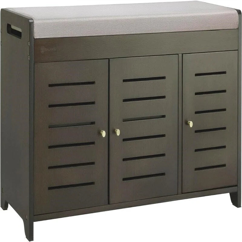 Bamboo Shoe Storage Bench with Cushioned Seat and Louvered Doors