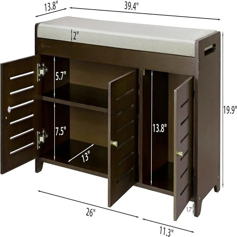 Bamboo Shoe Storage Bench with Cushioned Seat and Louvered Doors