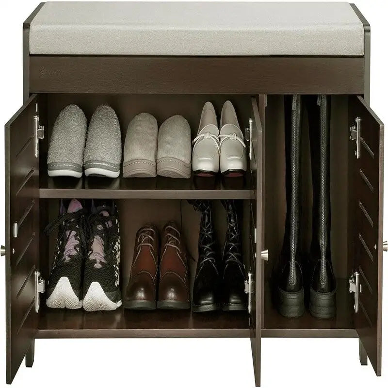 Bamboo Shoe Storage Bench with Cushioned Seat and Louvered Doors