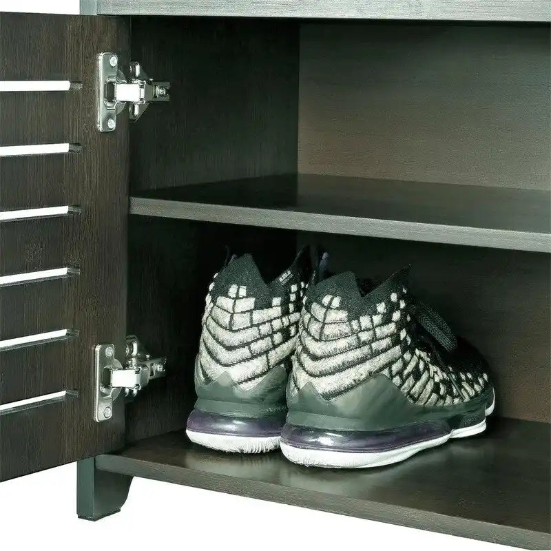 Bamboo Shoe Storage Bench with Cushioned Seat and Louvered Doors