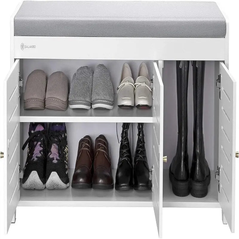 Bamboo Shoe Storage Bench with Cushioned Seat and Louvered Doors