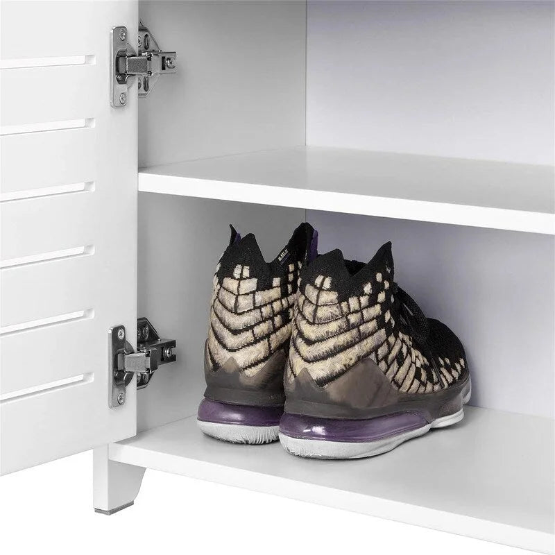 Bamboo Shoe Storage Bench with Cushioned Seat and Louvered Doors