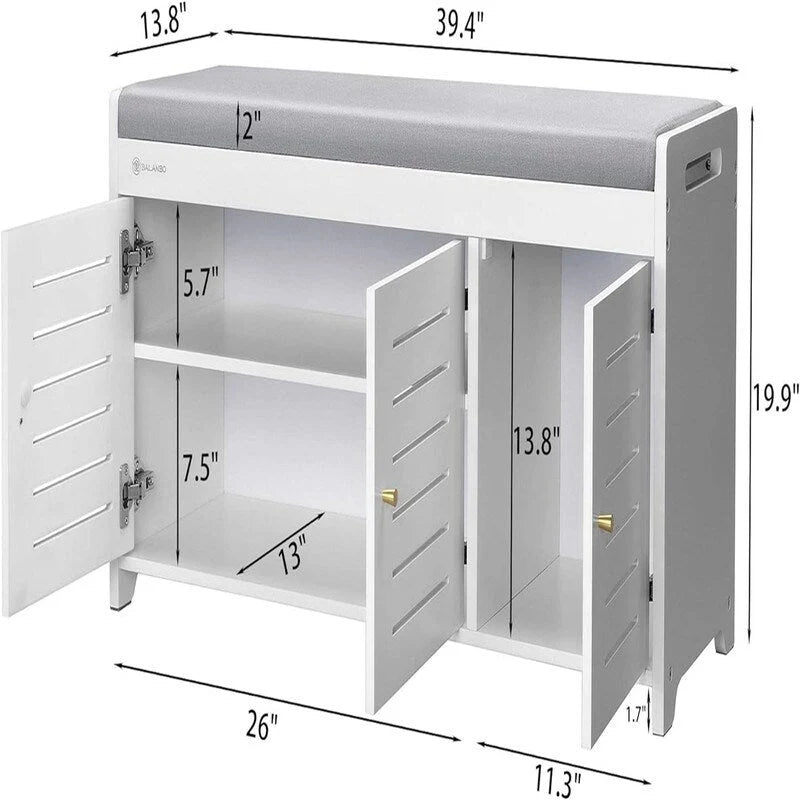 Bamboo Shoe Storage Bench with Cushioned Seat and Louvered Doors