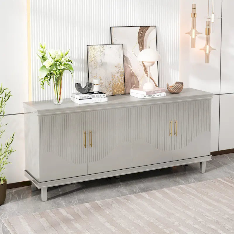 Large 4-Door Storage Cabinet with Adjustable Shelves & Solid Wood Legs – 70 Inch