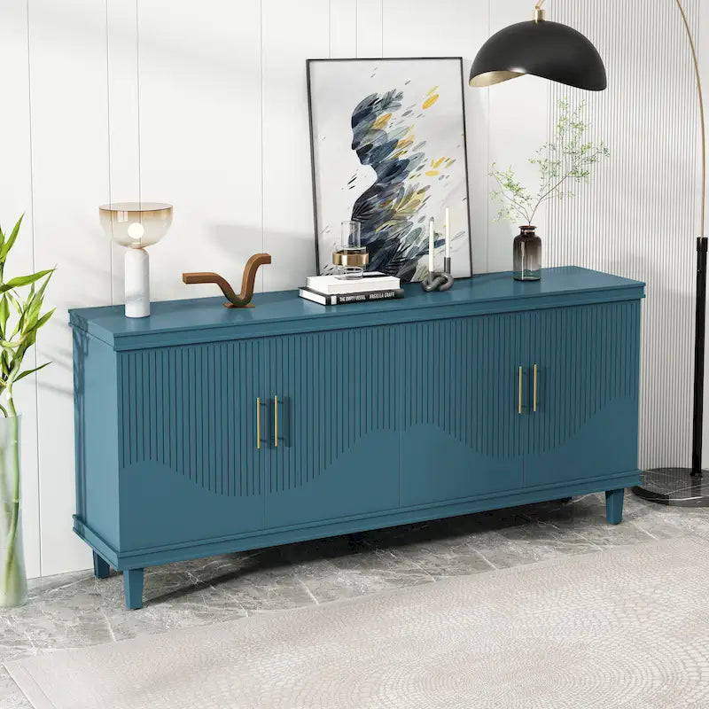 Large 4-Door Storage Cabinet with Adjustable Shelves & Solid Wood Legs – 70 Inch