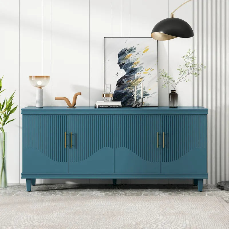 Large 4-Door Storage Cabinet with Adjustable Shelves & Solid Wood Legs – 70 Inch