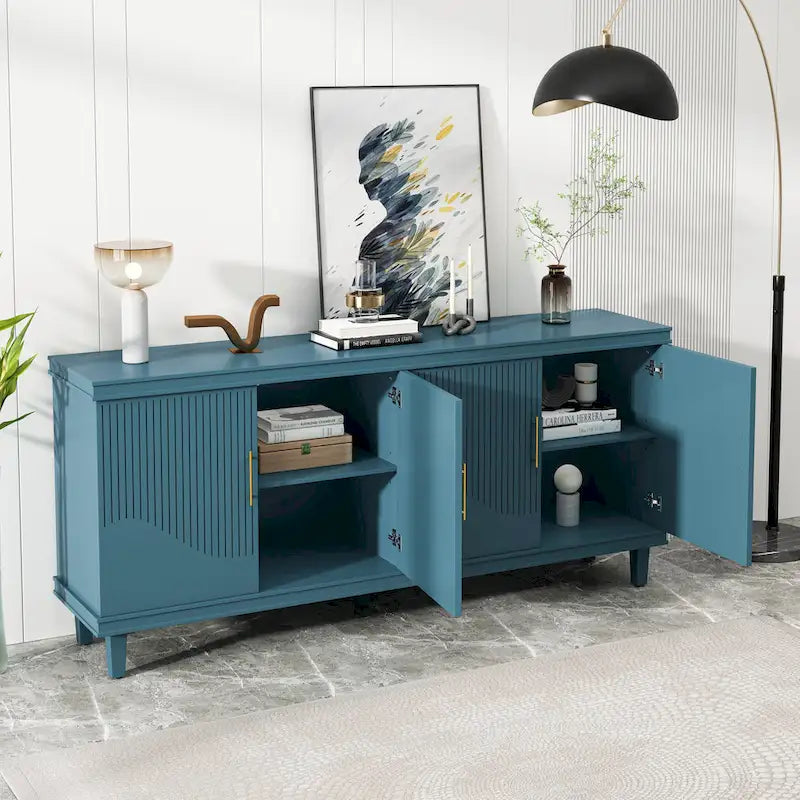 Large 4-Door Storage Cabinet with Adjustable Shelves & Solid Wood Legs – 70 Inch