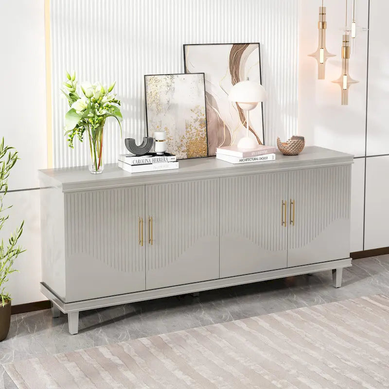 Large 4-Door Storage Cabinet with Adjustable Shelves & Solid Wood Legs – 70 Inch