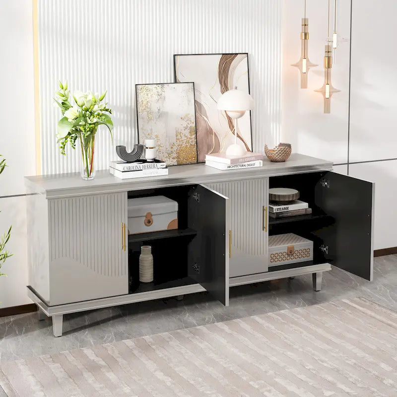Large 4-Door Storage Cabinet with Adjustable Shelves & Solid Wood Legs – 70 Inch