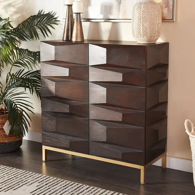 Geometric Wood Storage Cabinet with Shelf – Matte Brown