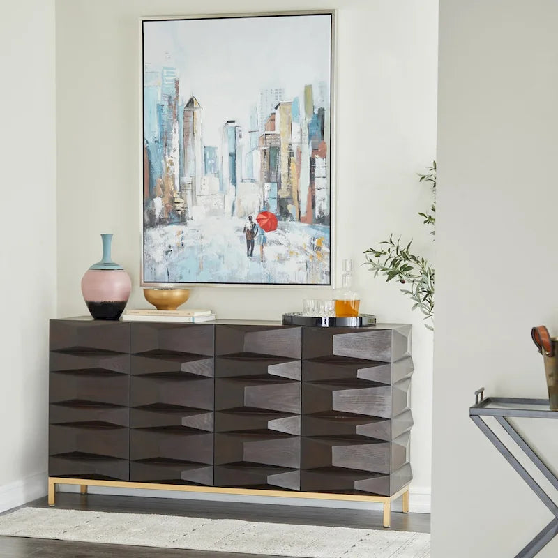 Geometric Wood Storage Cabinet with Shelf – Matte Brown
