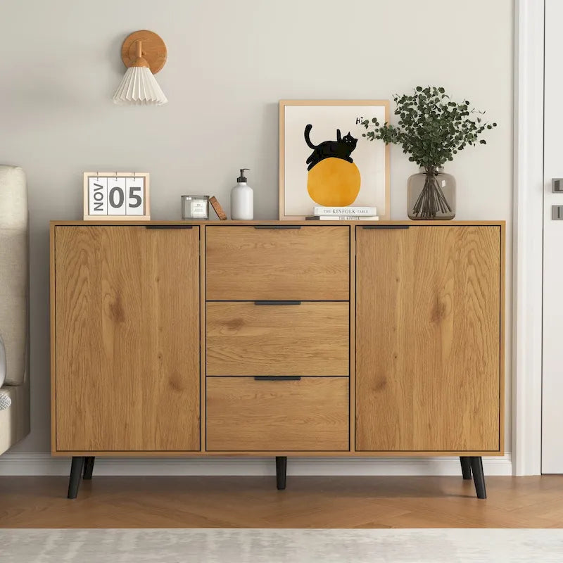 Wood Sideboard Buffet Cabinet with 3 Drawers & 2 Doors