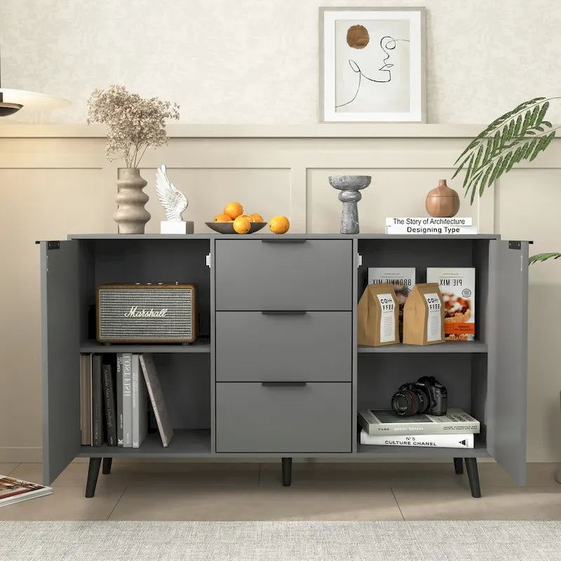 Wood Sideboard Buffet Cabinet with 3 Drawers & 2 Doors