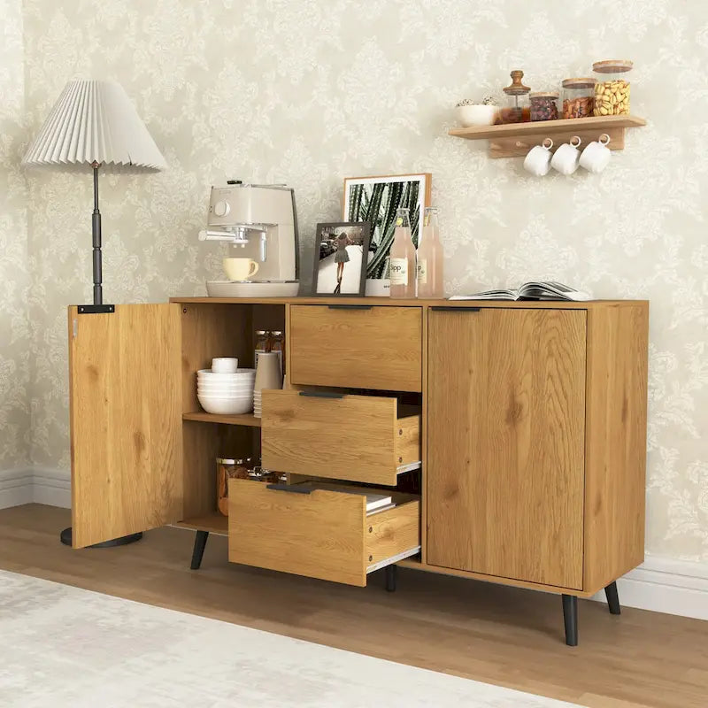 Wood Sideboard Buffet Cabinet with 3 Drawers & 2 Doors