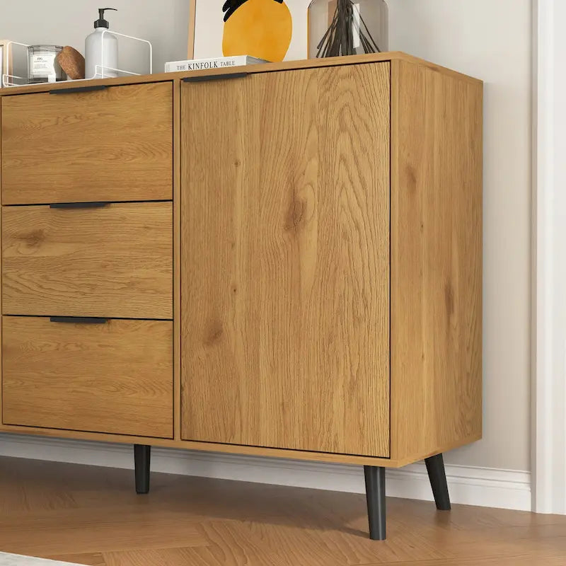 Wood Sideboard Buffet Cabinet with 3 Drawers & 2 Doors