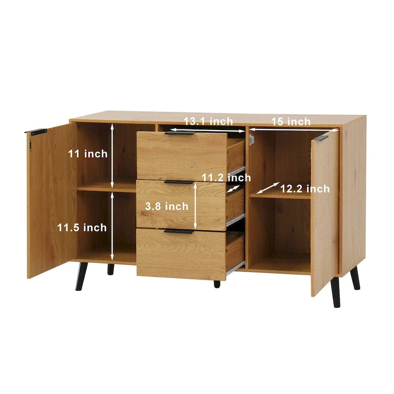 Wood Sideboard Buffet Cabinet with 3 Drawers & 2 Doors
