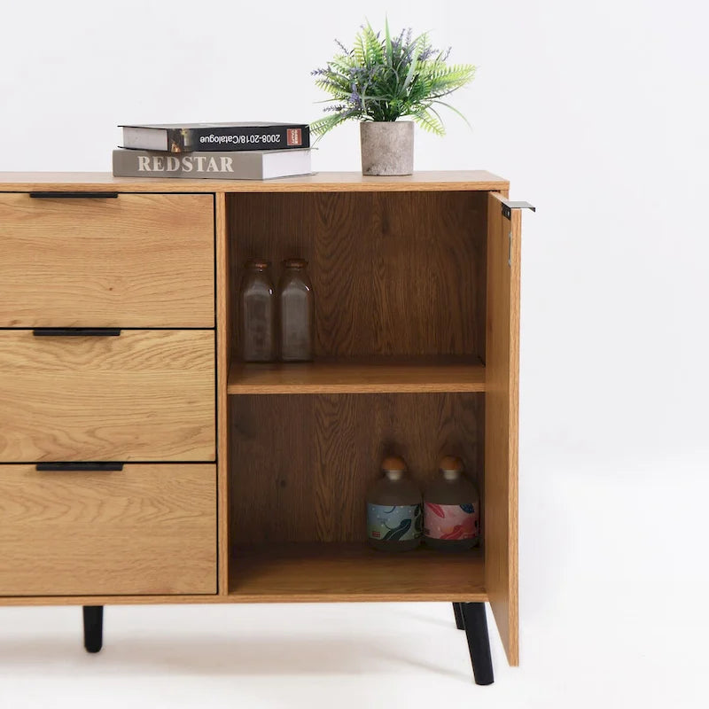 Wood Sideboard Buffet Cabinet with 3 Drawers & 2 Doors