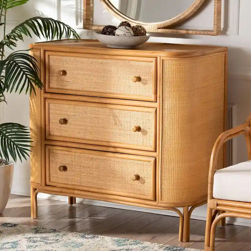 Bohemian Rattan 3-Drawer Storage Cabinet with Woven Detail