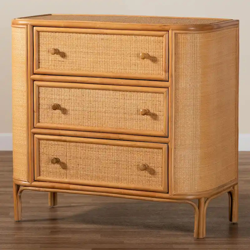 Bohemian Rattan 3-Drawer Storage Cabinet with Woven Detail