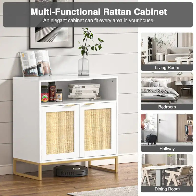 2-Door Rattan Buffet Sideboard with Adjustable Shelf