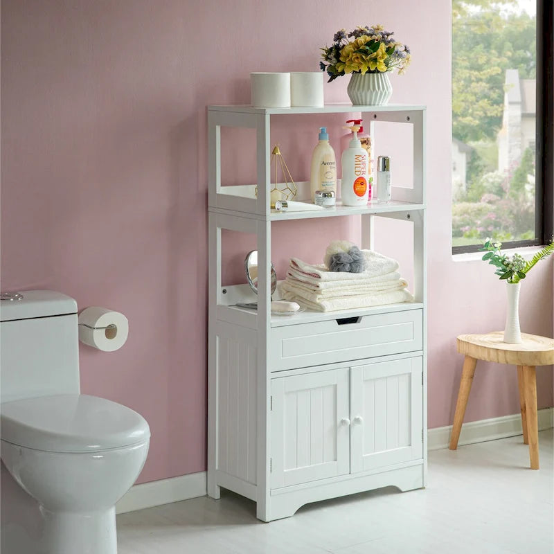 Tall Freestanding Storage Cabinet with Drawer, Open Shelves & Double-Door Compartment