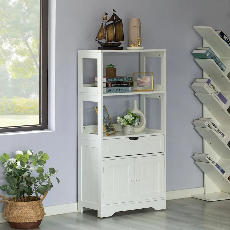 Tall Freestanding Storage Cabinet with Drawer, Open Shelves & Double-Door Compartment