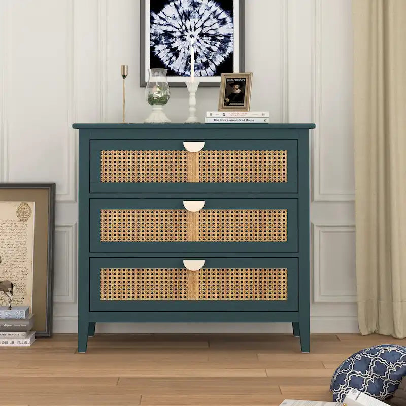 Natural Rattan 3-Drawer Storage Cabinet | Wood Grain Body