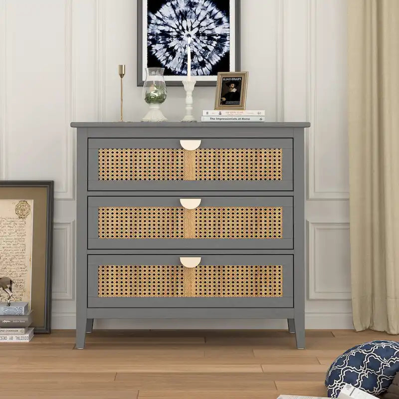Natural Rattan 3-Drawer Storage Cabinet | Wood Grain Body