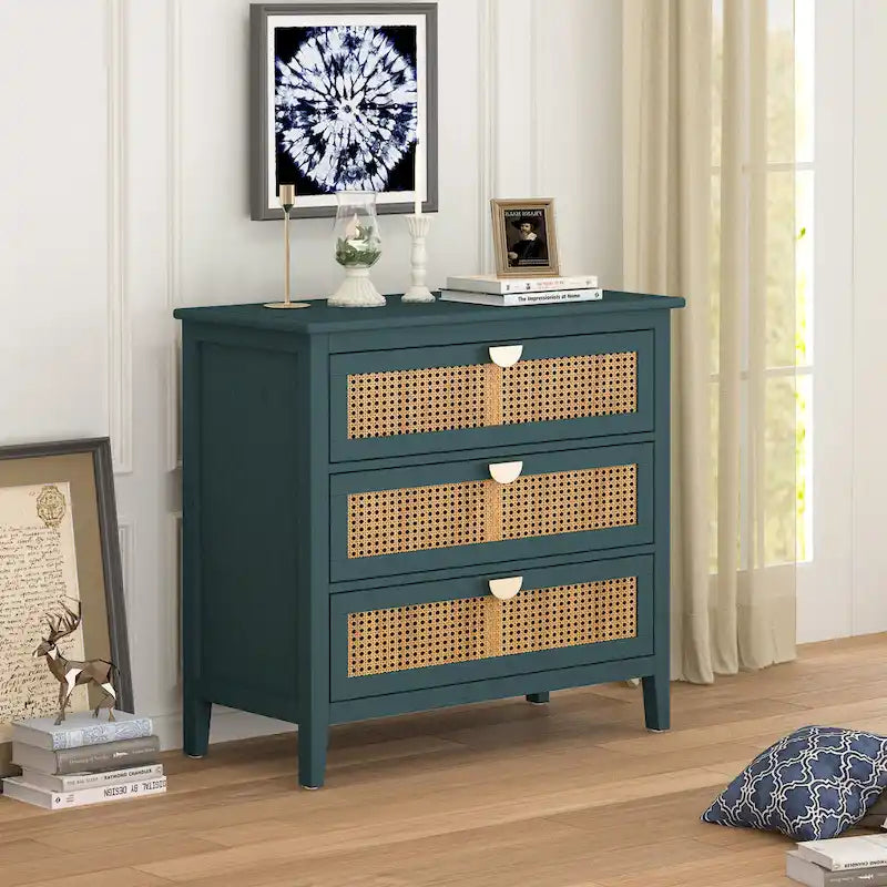 Natural Rattan 3-Drawer Storage Cabinet | Wood Grain Body