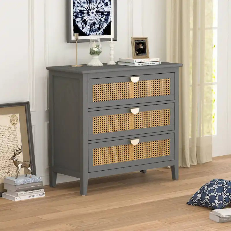 Natural Rattan 3-Drawer Storage Cabinet | Wood Grain Body