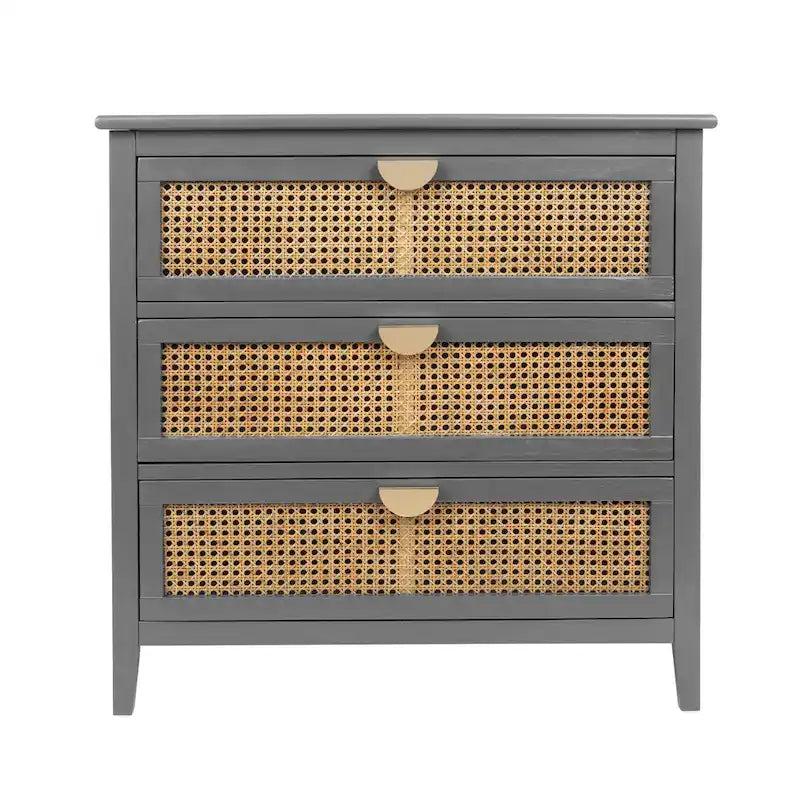 Natural Rattan 3-Drawer Storage Cabinet | Wood Grain Body