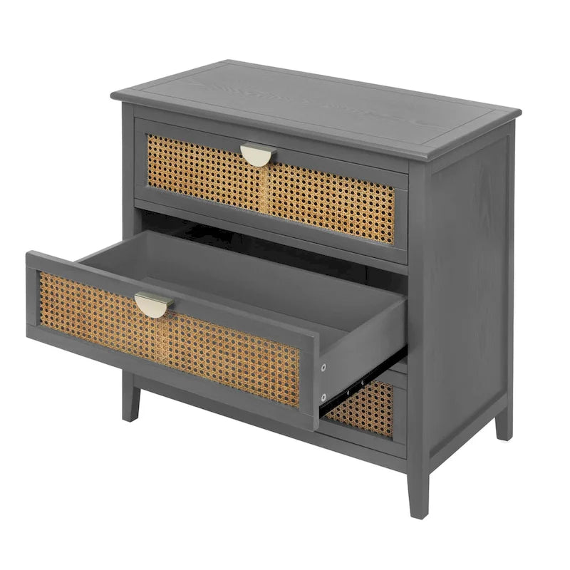Natural Rattan 3-Drawer Storage Cabinet | Wood Grain Body