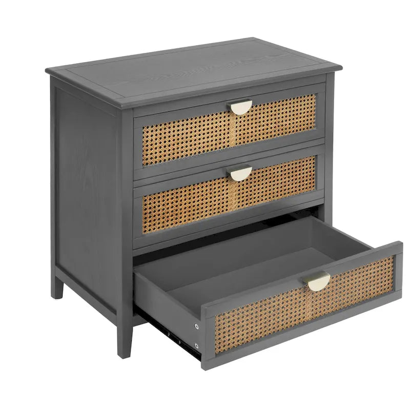 Natural Rattan 3-Drawer Storage Cabinet | Wood Grain Body