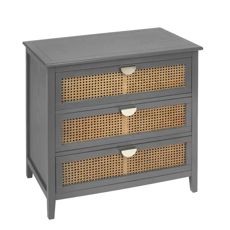 Natural Rattan 3-Drawer Storage Cabinet | Wood Grain Body