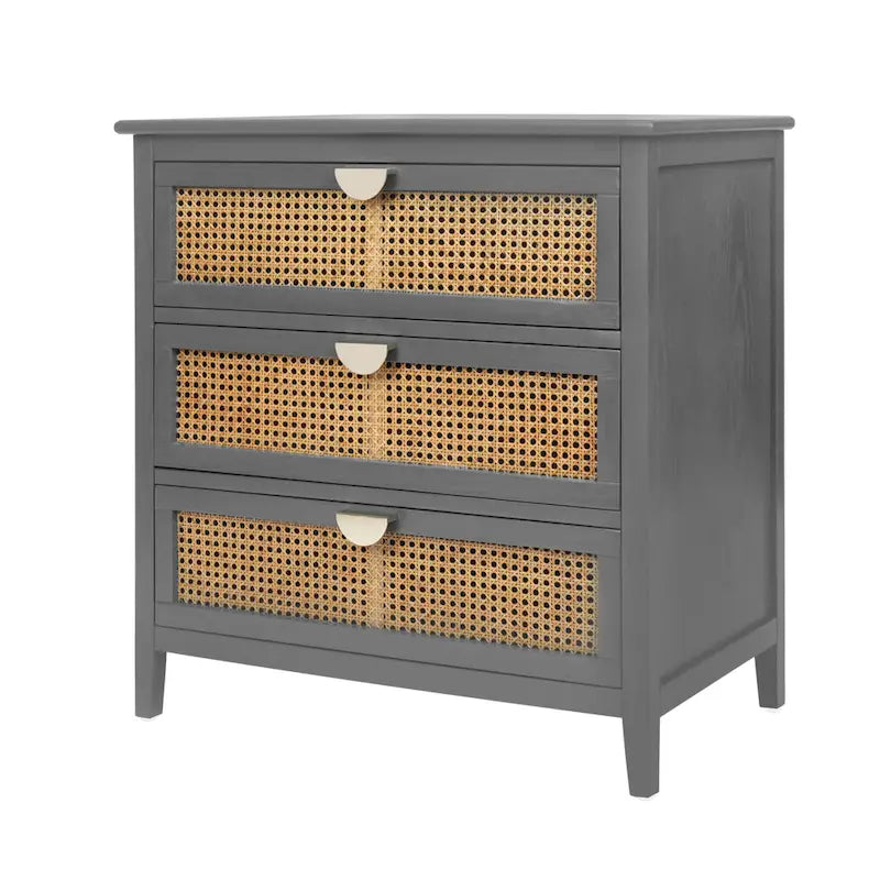Natural Rattan 3-Drawer Storage Cabinet | Wood Grain Body