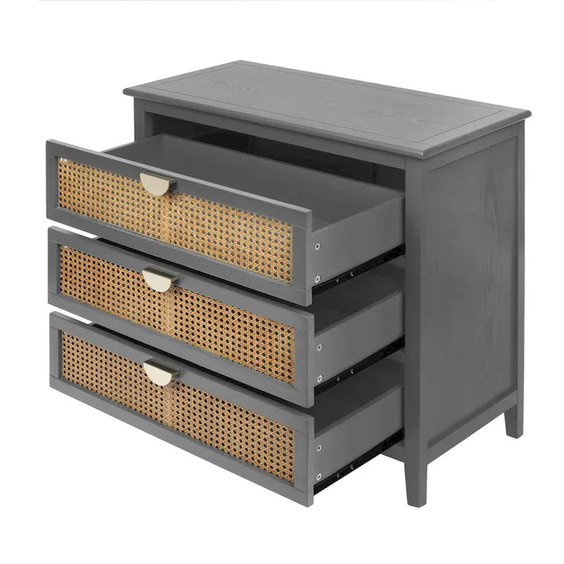 Natural Rattan 3-Drawer Storage Cabinet | Wood Grain Body