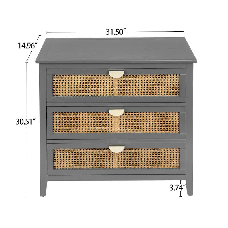 Natural Rattan 3-Drawer Storage Cabinet | Wood Grain Body
