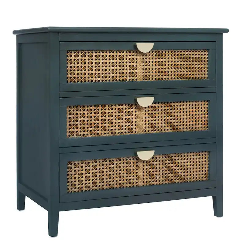 Natural Rattan 3-Drawer Storage Cabinet | Wood Grain Body