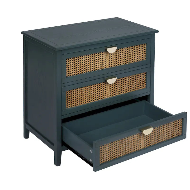 Natural Rattan 3-Drawer Storage Cabinet | Wood Grain Body