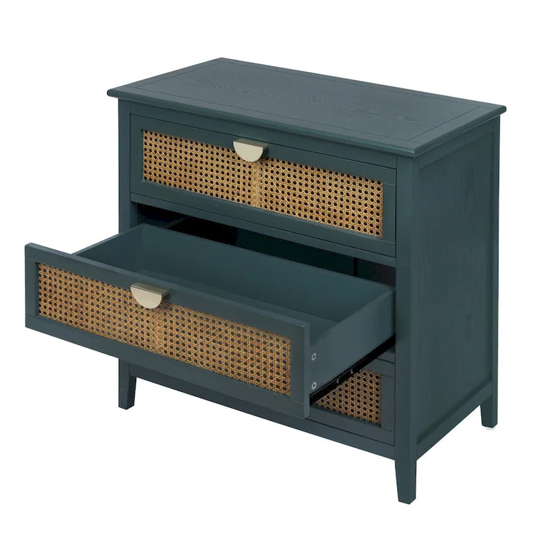 Natural Rattan 3-Drawer Storage Cabinet | Wood Grain Body