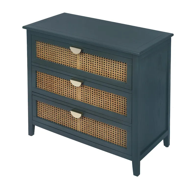 Natural Rattan 3-Drawer Storage Cabinet | Wood Grain Body