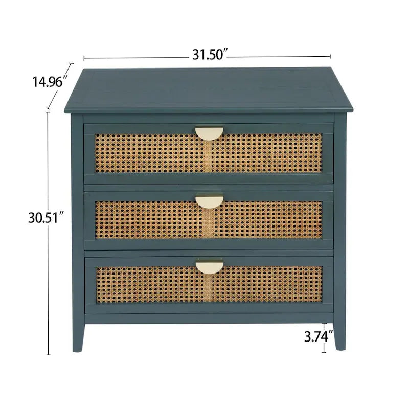 Natural Rattan 3-Drawer Storage Cabinet | Wood Grain Body