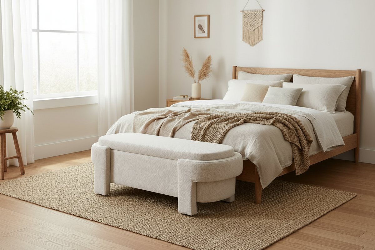 Upholstered Storage Bench – Wide Bedroom Scene